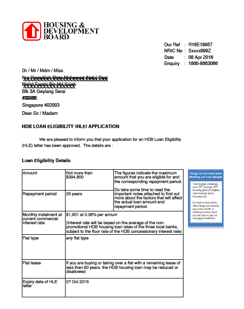 HDB HLE home loan eligibility letter.