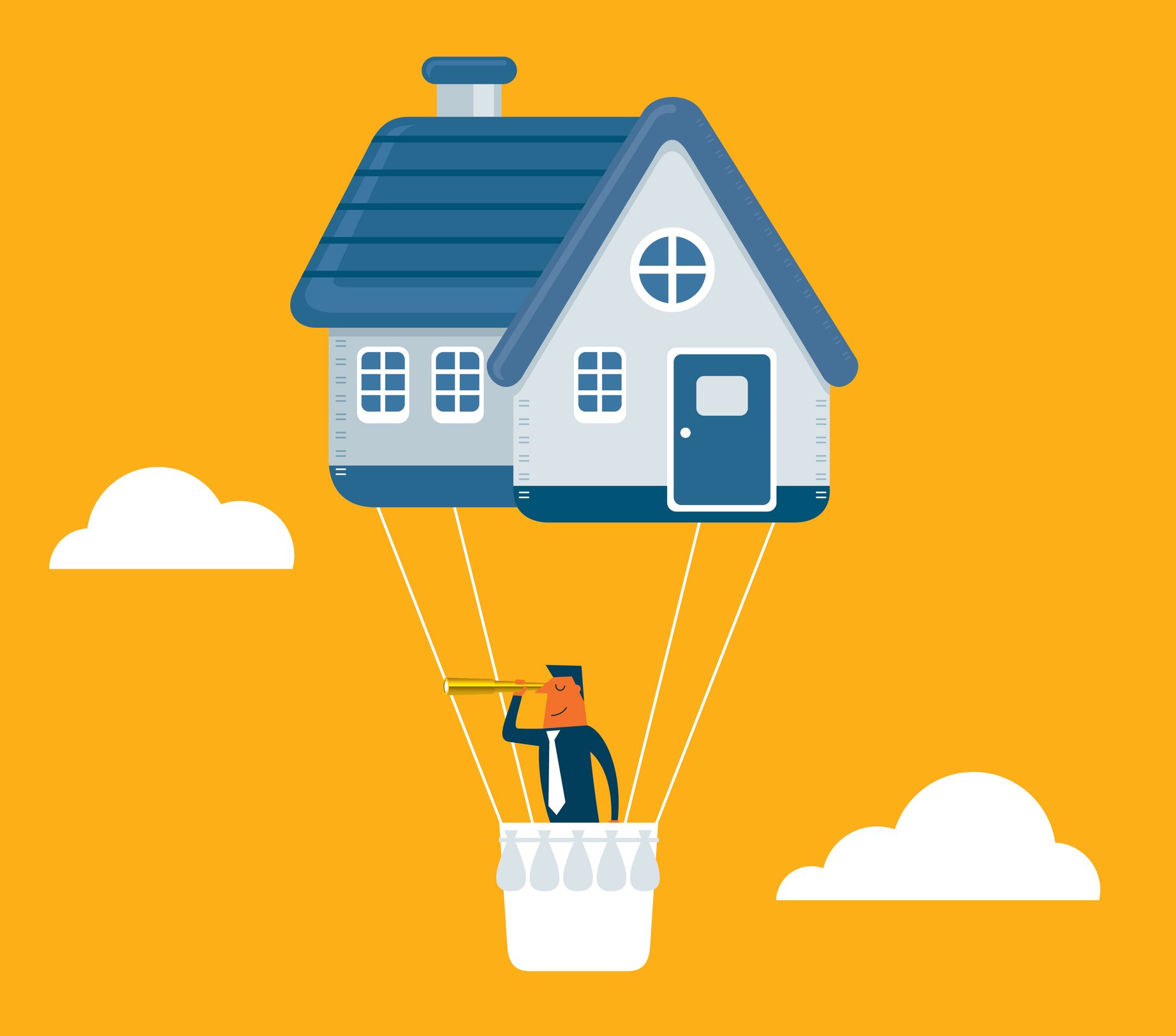 A hot air balloon shaped like a house, with a person with a telescope on board