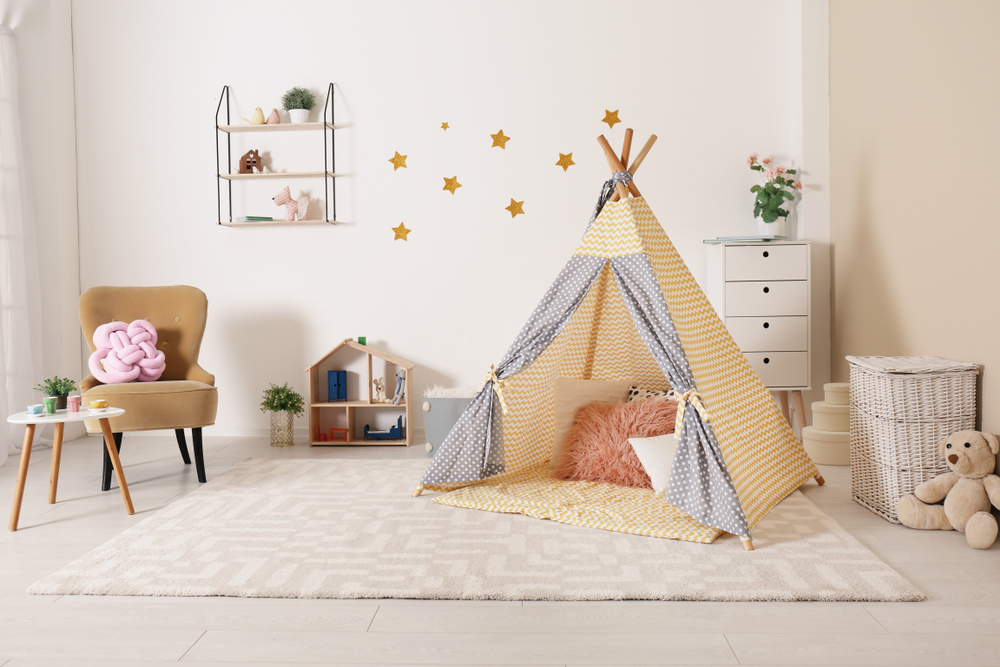 playroom with tent and cabinet for toys