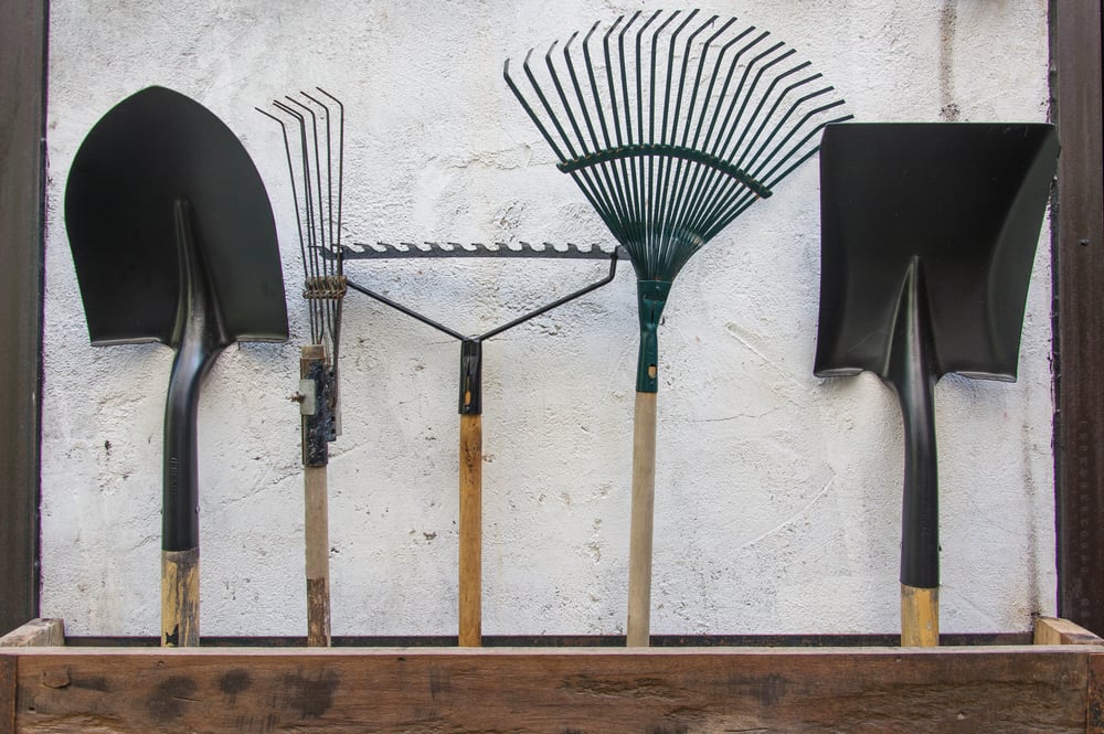 Five different types of gardening tools such as a shovel.