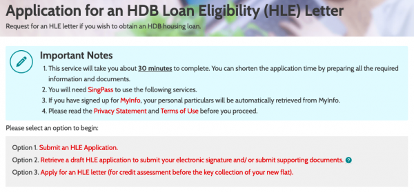 Screenshot of HDB Loan Eligibility letter application