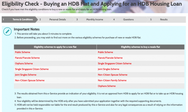 Screenshot of eligibility check on flat and housing loan on HDB website