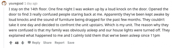 Screenshot of Reddit comment on how the noise may not be caused by the neighbour upstairs