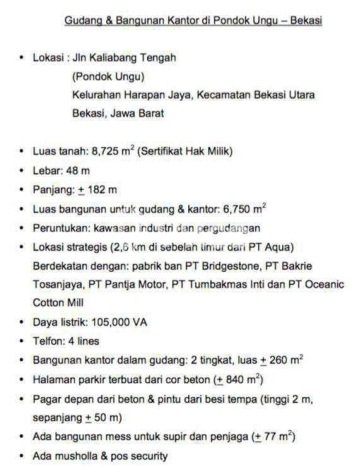 Dijual! Gudang di Pondok Ungu Bekasi LT 8725m2 / LB 6750m2 Kawasan Strategis Dijual! Gudang di Pondok Ungu Bekasi LT 8725m2 / LB 6750m2 Kawasan Strategis