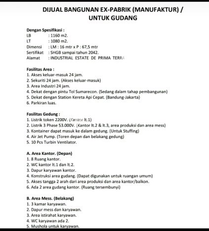 Untuk Dijual! Gudang di Ciwastra Bandung LT 1080m2 / LB 1180m2 Kawasan Strategis Untuk Dijual! Gudang di Ciwastra Bandung LT 1080m2 / LB 1180m2 Kawasan Strategis