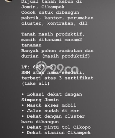 LOKASI STRATEGIS! Tanah di Cikampek, Luas 6497m², Kawasan Berkembang, Cocok untuk Investasi LOKASI STRATEGIS! Tanah di Cikampek, Luas 6497m², Kawasan Berkembang, Cocok untuk Investasi