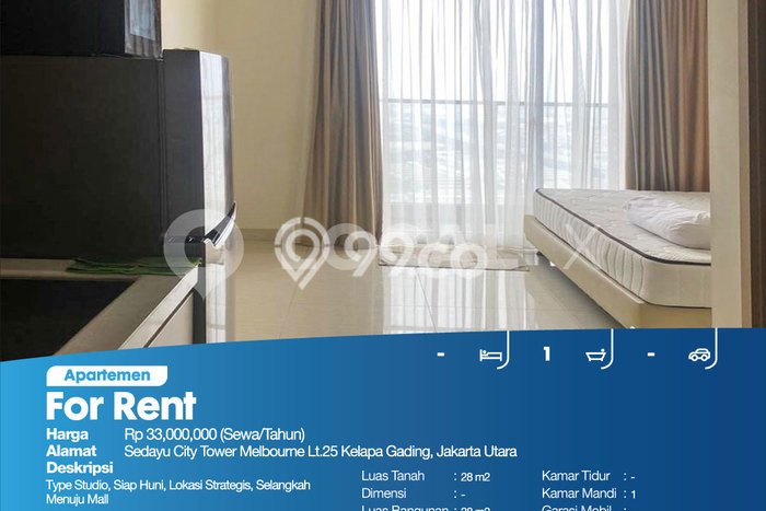 Disewakan Apartemen Minimalis 28m2 Punya 0 KT, 1 KM, Lokasi di Kelapa Gading Disewakan Apartemen Minimalis 28m2 Punya 0 KT, 1 KM, Lokasi di Kelapa Gading