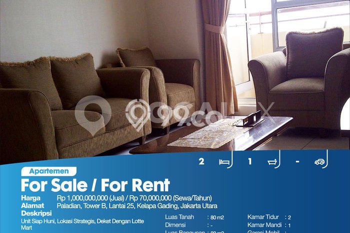 Apartemen Disewakan Murah 2 KT / 1 KM di Kelapa Gading, Jakarta Utara Apartemen Disewakan Murah 2 KT / 1 KM di Kelapa Gading, Jakarta Utara