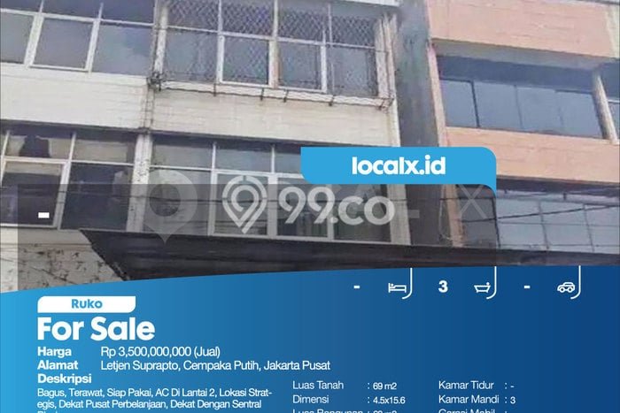 Untuk Dijual Ruko di Cempaka Putih Jakarta Pusat LT 69m2 / LB 69m2 Untuk Dijual Ruko di Cempaka Putih Jakarta Pusat LT 69m2 / LB 69m2