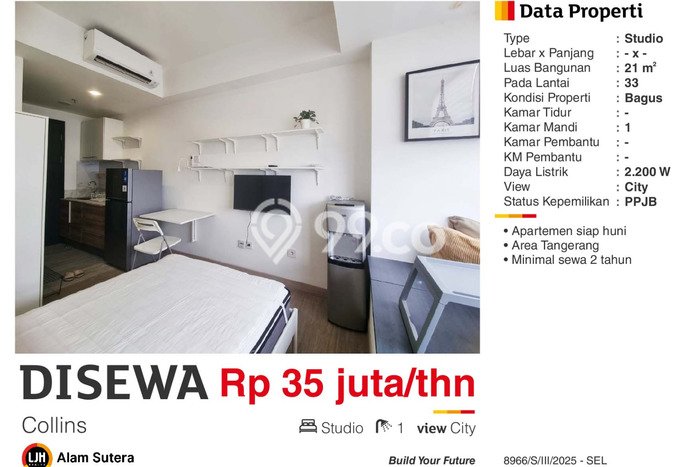 Disewakan Segera Apartemen Nyaman 1 KT di Kawasan Serpong Utara Disewakan Segera Apartemen Nyaman 1 KT di Kawasan Serpong Utara