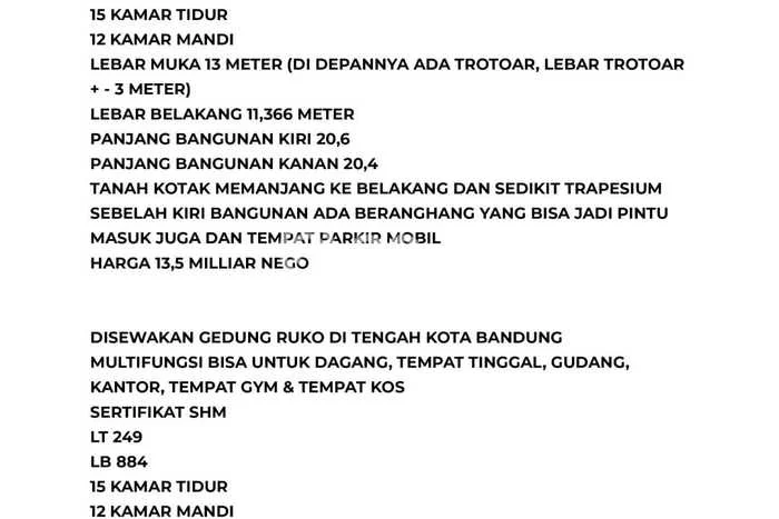 Unit Ruko Dijual di Bandung LT 249m2 & LB 884m2 Unit Ruko Dijual di Bandung LT 249m2 & LB 884m2