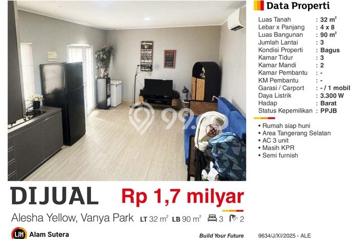 Dijual Hunian Rumah Nyaman 3 KT di BSD Vanya Park, Tangerang Dijual Hunian Rumah Nyaman 3 KT di BSD Vanya Park, Tangerang