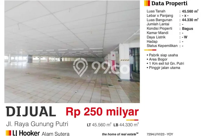 Unit Pabrik Dijual di Gunung Putri Bogor Luas Tanah 45560m2, Luas Bangunan 44330m2 Unit Pabrik Dijual di Gunung Putri Bogor Luas Tanah 45560m2, Luas Bangunan 44330m2