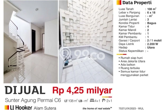 For Sale! Luxury House LT 108m2 Desain Elegan di Sunter For Sale! Luxury House LT 108m2 Desain Elegan di Sunter