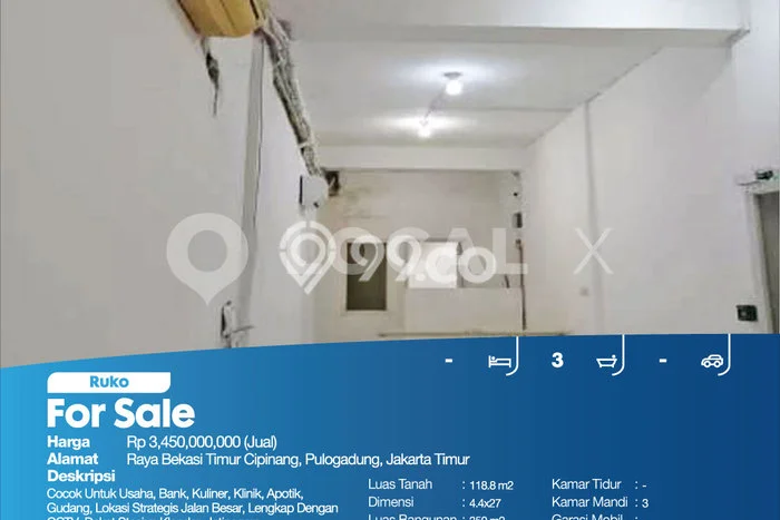 FOR SALE! Ruko di Bekasi Timur Bekasi, LT 118m2, LB 350m2 FOR SALE! Ruko di Bekasi Timur Bekasi, LT 118m2, LB 350m2