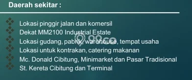 Area Ramai! Gudang Dijual di Setu untuk Bisnis Luas Bangunan 429m2 Area Ramai! Gudang Dijual di Setu untuk Bisnis Luas Bangunan 429m2