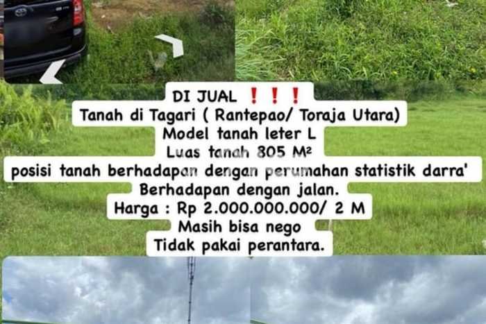 Tanah di Rantepao, Toraja Utara Luas 805m2 Dijual Segera Tanah di Rantepao, Toraja Utara Luas 805m2 Dijual Segera