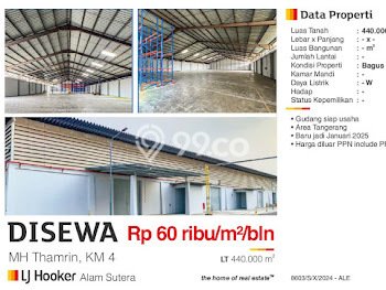 AREA KOMERSIAL! Gudang For Rent di , Luas 1e+07m2m², Jalan Utama AREA KOMERSIAL! Gudang For Rent di , Luas 1e+07m2m², Jalan Utama