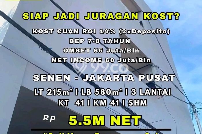 Dijual Kost di Kawasan Senen, Jakarta Pusat, Spesifikasi 41 KT, 41 KM, 580m2 Dijual Kost di Kawasan Senen, Jakarta Pusat, Spesifikasi 41 KT, 41 KM, 580m2
