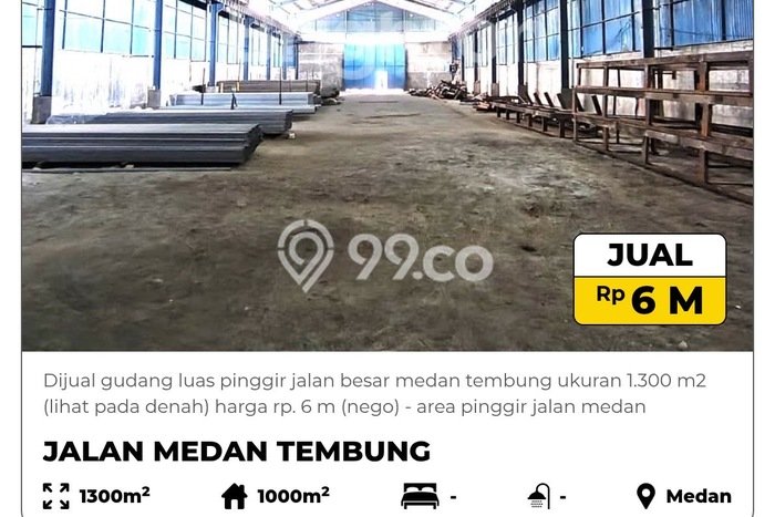 Unit Gudang Dijual di Medan Tembung Medan Luas Tanah 1300m2, Luas Bangunan 1000m2 Unit Gudang Dijual di Medan Tembung Medan Luas Tanah 1300m2, Luas Bangunan 1000m2