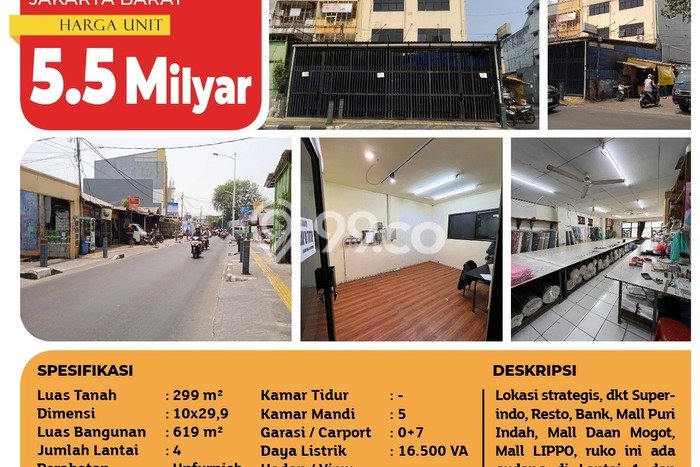 Ruko Dijual di Jakarta Barat LT 299m2 & LB 619m2 Lokasi Terbaik! Ruko Dijual di Jakarta Barat LT 299m2 & LB 619m2 Lokasi Terbaik!