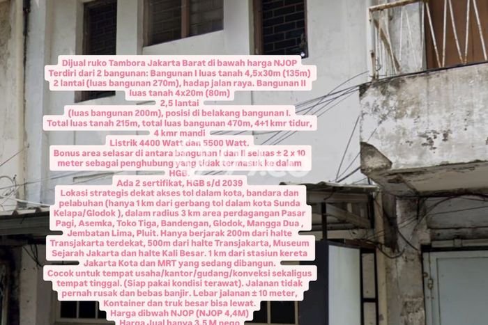 Unit Ruko Dijual di Tambora Jakarta Barat Luas Bangunan 470m2 Unit Ruko Dijual di Tambora Jakarta Barat Luas Bangunan 470m2