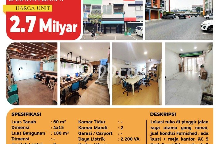 Ruko Dijual di Jakarta Barat LT 60m2 & LB 180m2 Lokasi Terbaik! Ruko Dijual di Jakarta Barat LT 60m2 & LB 180m2 Lokasi Terbaik!