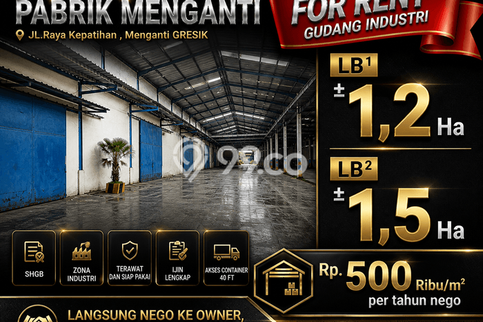 Gudang Disewa di Menganti, Gresik, LT 47000m2 / LB 15000m2 Gudang Disewa di Menganti, Gresik, LT 47000m2 / LB 15000m2