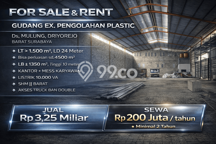 Gudang untuk disewa di Driyorejo punya LT 1500m2 & LB 1350m2 harga sewa kompetitif Gudang untuk disewa di Driyorejo punya LT 1500m2 & LB 1350m2 harga sewa kompetitif