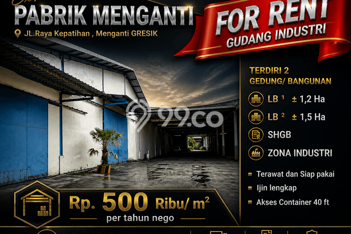 Gudang Disewa di Menganti, Gresik, LT 47000m2 / LB 15000m2 Gudang Disewa di Menganti, Gresik, LT 47000m2 / LB 15000m2
