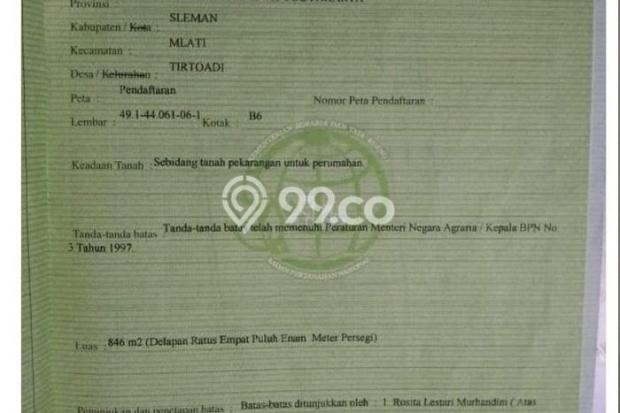 Lahan Kosong Dijual di Mlati, Sleman, Luas 846m2 Area Strategis Lahan Kosong Dijual di Mlati, Sleman, Luas 846m2 Area Strategis