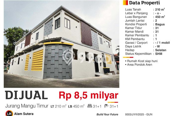 Kost Dijual di Jurangmangu dengan 31 KT dan Luas 450m2 Kost Dijual di Jurangmangu dengan 31 KT dan Luas 450m2