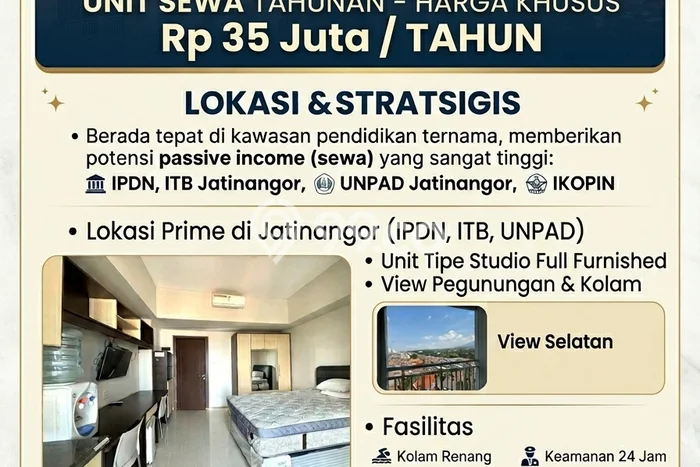Sewa Sekarang Apartemen Strategis 0 KT, 1 KM di Kawasan Jatinangor Sewa Sekarang Apartemen Strategis 0 KT, 1 KM di Kawasan Jatinangor