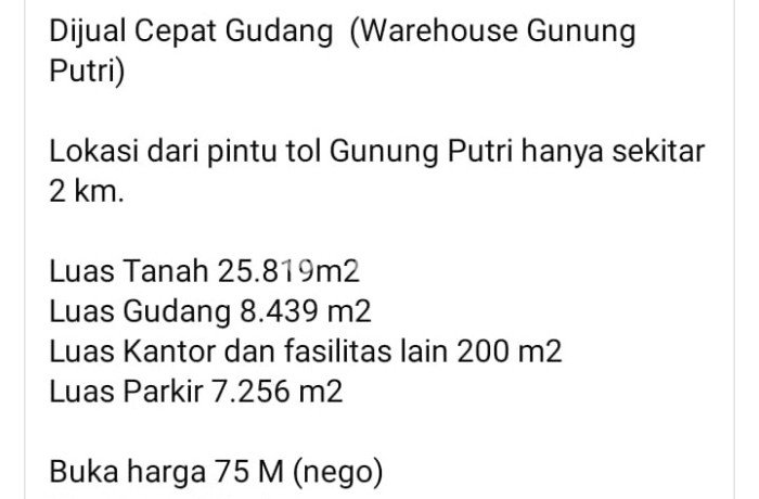 Lokasi Strategis! Dijual Gudang Bisnis di Gunung Putri, Bogor Kondisi Bagus Lokasi Strategis! Dijual Gudang Bisnis di Gunung Putri, Bogor Kondisi Bagus
