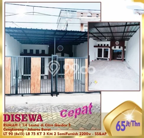 Disewakan! Rumah 3 Kamar Tidur &
2 Kamar Mandi di Citra Garden, Jakarta Barat Disewakan! Rumah 3 Kamar Tidur &
2 Kamar Mandi di Citra Garden, Jakarta Barat