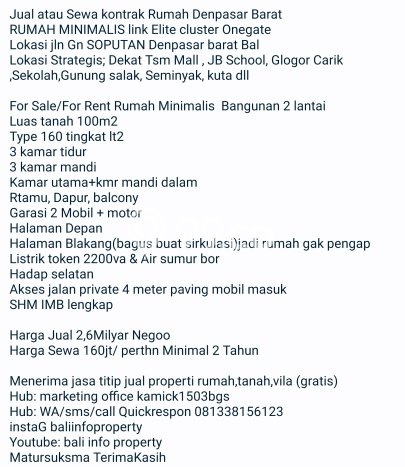 Rumah Kontrakan Denpasar LT 100m2 LB 160m2 Area Mahendradata Rumah Kontrakan Denpasar LT 100m2 LB 160m2 Area Mahendradata