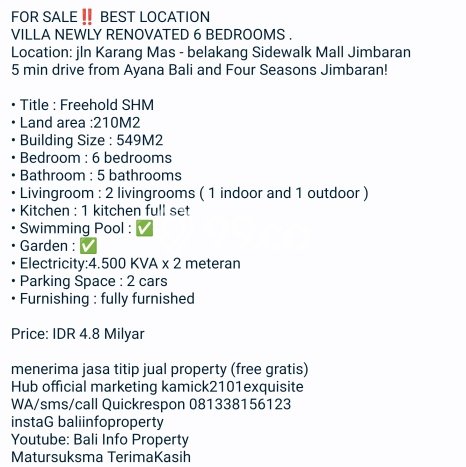Vila Potensial Kawasan , Luas 210m2m², Dekat ke Badung, Badung Vila Potensial Kawasan , Luas 210m2m², Dekat ke Badung, Badung