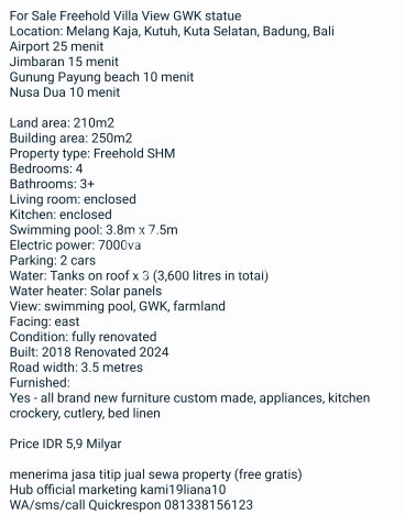 Vila Kawasan Kutuh, Area 210m2m², Dekat ke Fasilitas Umum Vila Kawasan Kutuh, Area 210m2m², Dekat ke Fasilitas Umum