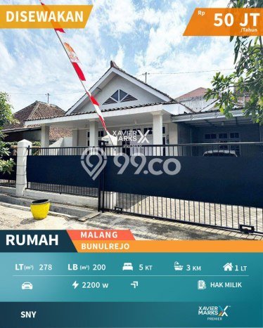 Disewakan! Rumah 5 Kamar Tidur &
3 Kamar Mandi di Bunulrejo, Malang Disewakan! Rumah 5 Kamar Tidur &
3 Kamar Mandi di Bunulrejo, Malang