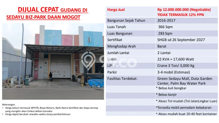 Unit Gudang Dijual di Cengkareng Jakarta Barat Luas Tanah 366m2, Luas Bangunan 283m2 Unit Gudang Dijual di Cengkareng Jakarta Barat Luas Tanah 366m2, Luas Bangunan 283m2