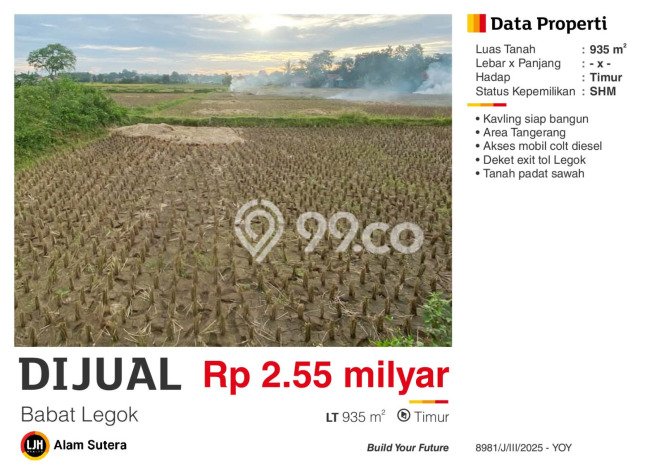 Tanah Dijual Lokasi Legok, Tangerang dengan Luas Tanah 935m2 dan Status SHM Tanah Dijual Lokasi Legok, Tangerang dengan Luas Tanah 935m2 dan Status SHM