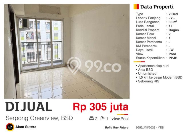 Apartemen Harga Bersahabat di BSD Spesifikasi 2 Kamar Apartemen Harga Bersahabat di BSD Spesifikasi 2 Kamar