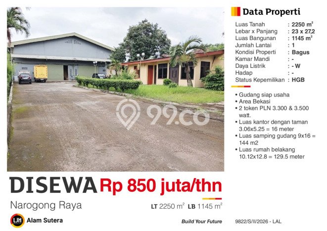 Gudang Disewa di Bekasi dengan LB 1145m2 Area Komersial Ramai Gudang Disewa di Bekasi dengan LB 1145m2 Area Komersial Ramai