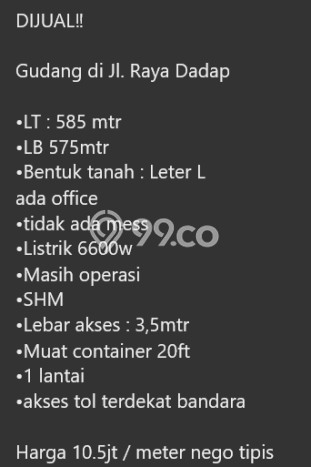 Unit Gudang Dijual di Tangerang LT 585m2 & LB 575m2 Unit Gudang Dijual di Tangerang LT 585m2 & LB 575m2