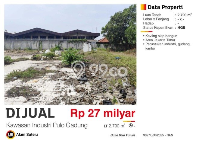 Lahan untuk Dijual Lokasi Pulo Gadung, Jakarta Timur Luas 2790m2 - Lahan untuk Dijual Lokasi Pulo Gadung, Jakarta Timur Luas 2790m2 -