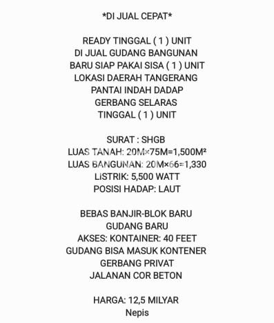 Gudang Dijual Lokasi Emas di Tangerang Luas 1330m2 Gudang Dijual Lokasi Emas di Tangerang Luas 1330m2