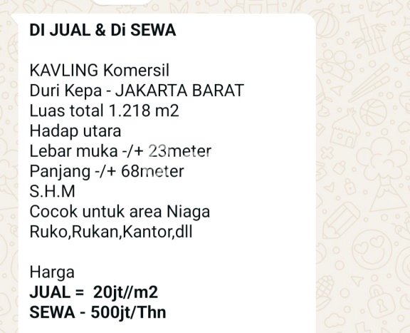 Tanah Kavling Disewakan di Duri Kepa dengan Luas 1218m2 Tanah Kavling Disewakan di Duri Kepa dengan Luas 1218m2