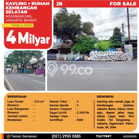 Kavling Tanah di Kembangan Dijual Luas 215m2 Legalitas - Kavling Tanah di Kembangan Dijual Luas 215m2 Legalitas -
