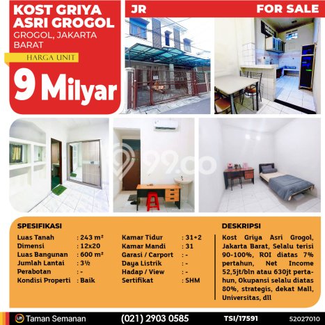 Dijual Kost Strategis di Grogol Petamburan, Jakarta Barat 31 KT, 31 KM, Luas Bangunan 600m2 Dijual Kost Strategis di Grogol Petamburan, Jakarta Barat 31 KT, 31 KM, Luas Bangunan 600m2