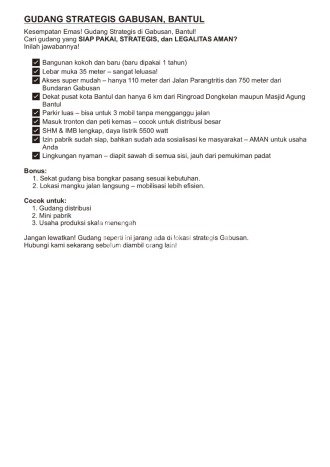 Gudang Area Bisnis Kawasan Sewon, Luas 500m², Jalan Utama Gudang Area Bisnis Kawasan Sewon, Luas 500m², Jalan Utama
